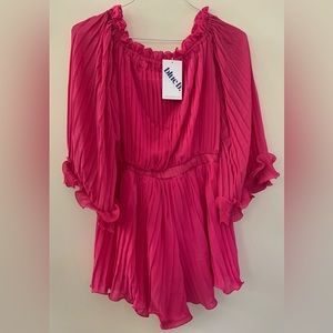 Blue B Pleated Chiffon Off-Shoulder Bell Sleeve Ruffle Romper Barbie Pink S